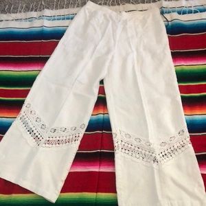 Chico Wide Leg Open Embroidery Linen Pants
